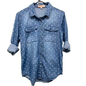 Free Heart Denim Shirt Blue White Polka‎ Dot Long Sleeve Button Down Casual